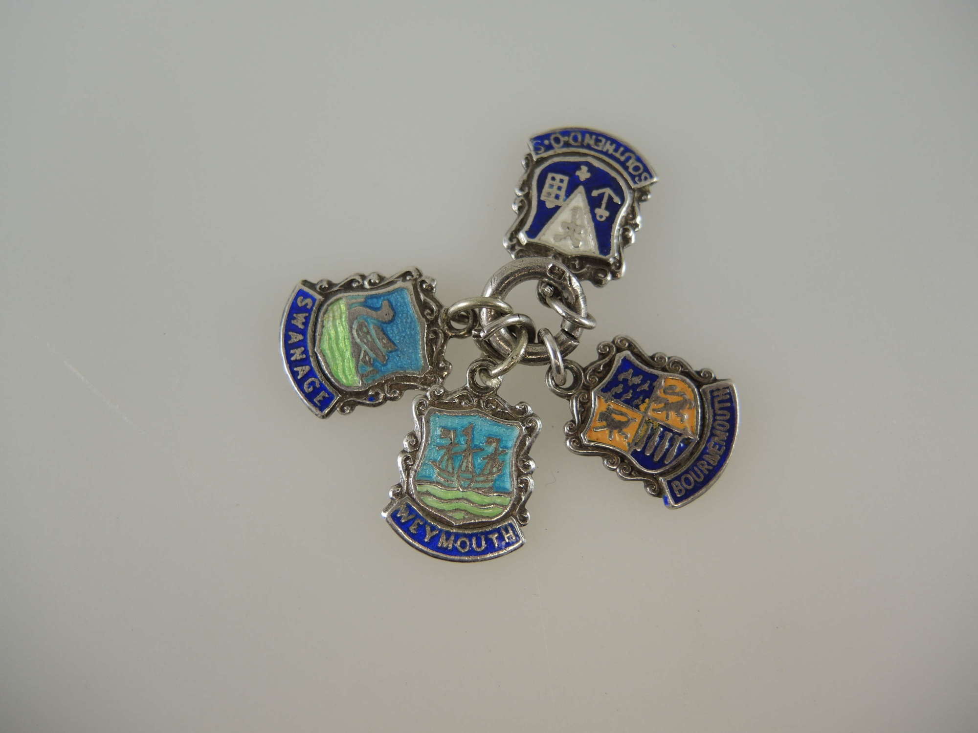 4 vintage silver and enamel Town fobs inc Weymouth c1964