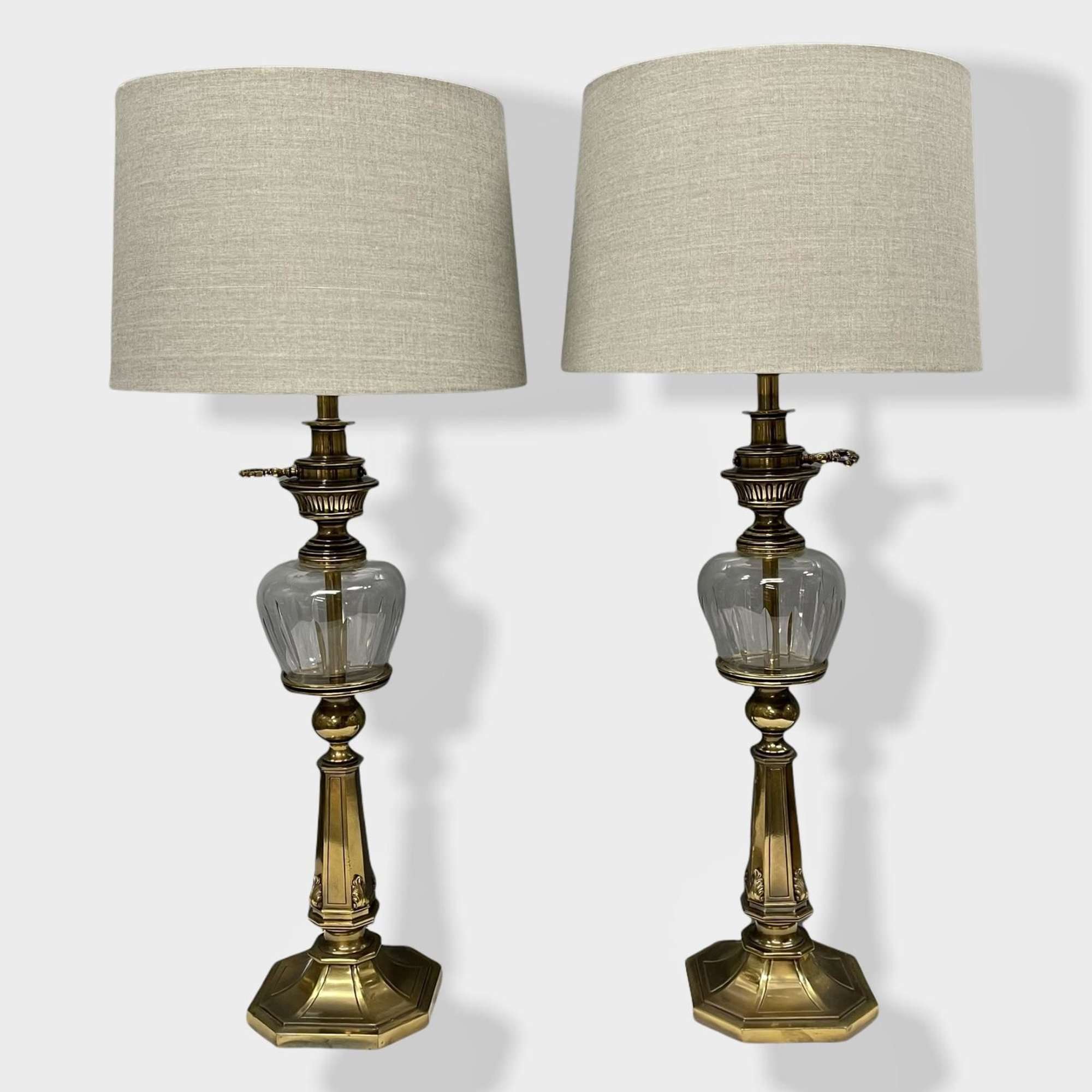 Large Pair Of Brass And Cut Glass Lamps