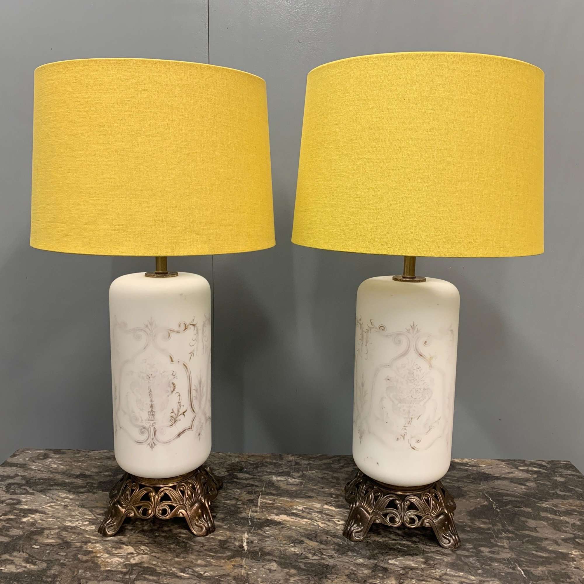 Pair Of Bulbous Frosted Glass Table Lamps