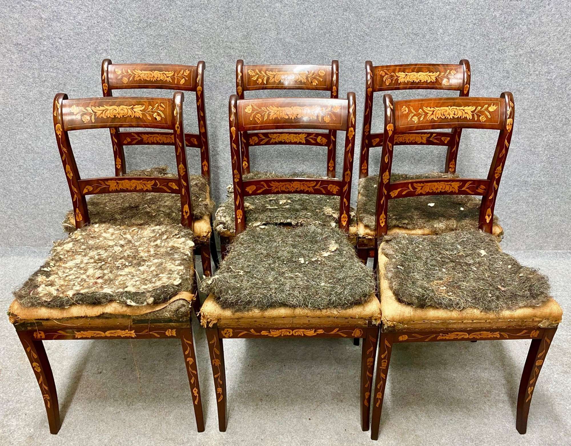 Antique Set Of 6 Dutch Marquetry Dining Chairs