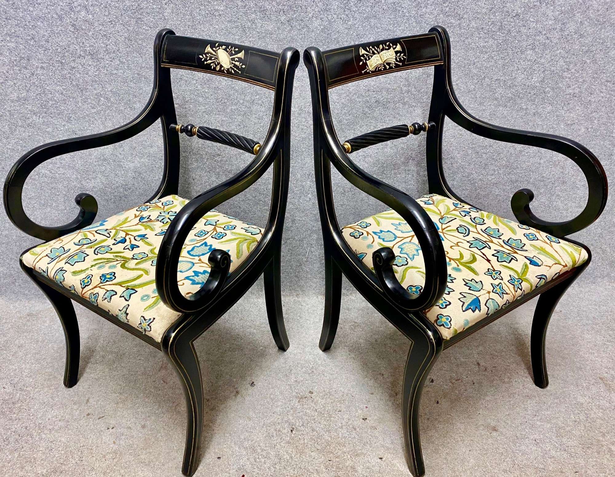 Pair Of Regency Style Ebonised & Gilded Armchairs