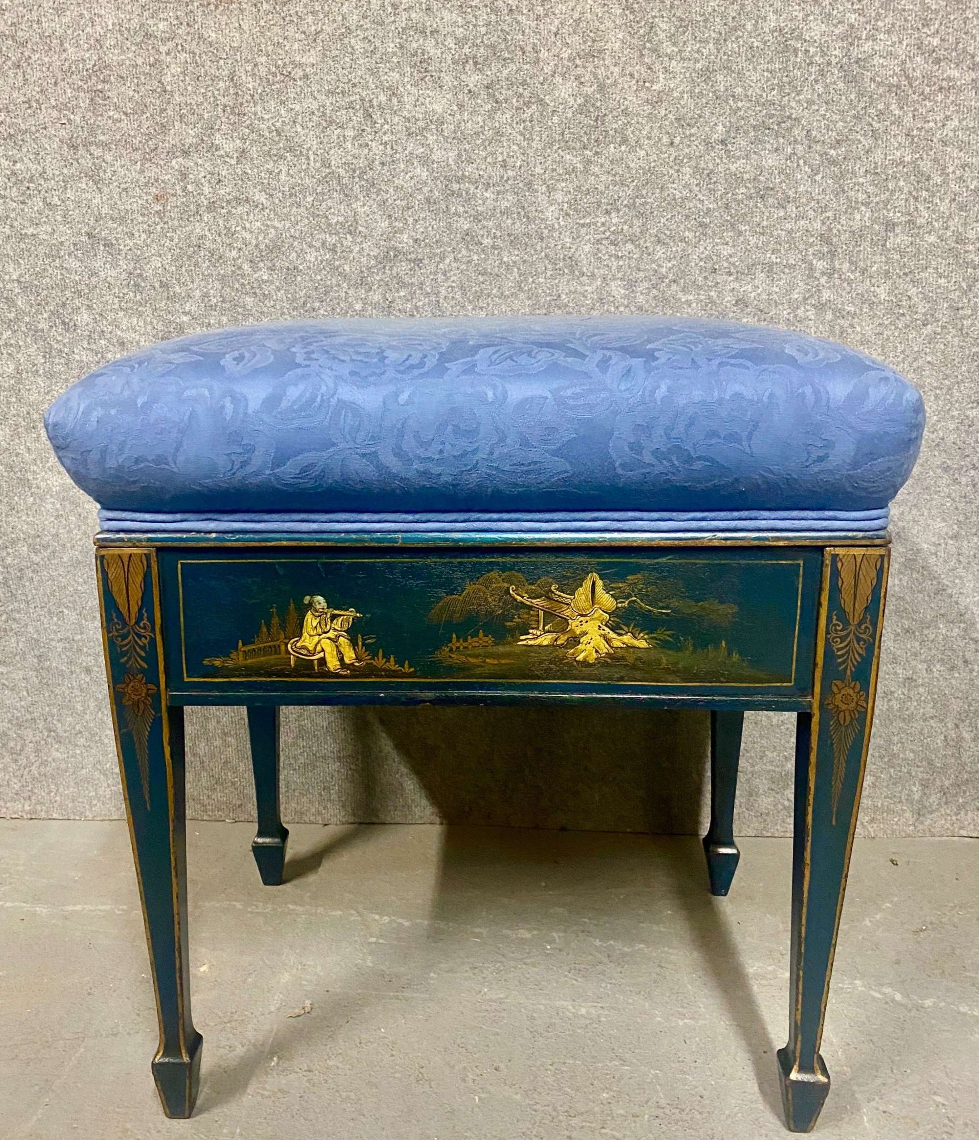 Chinoiserie Blue Lacquered Stool