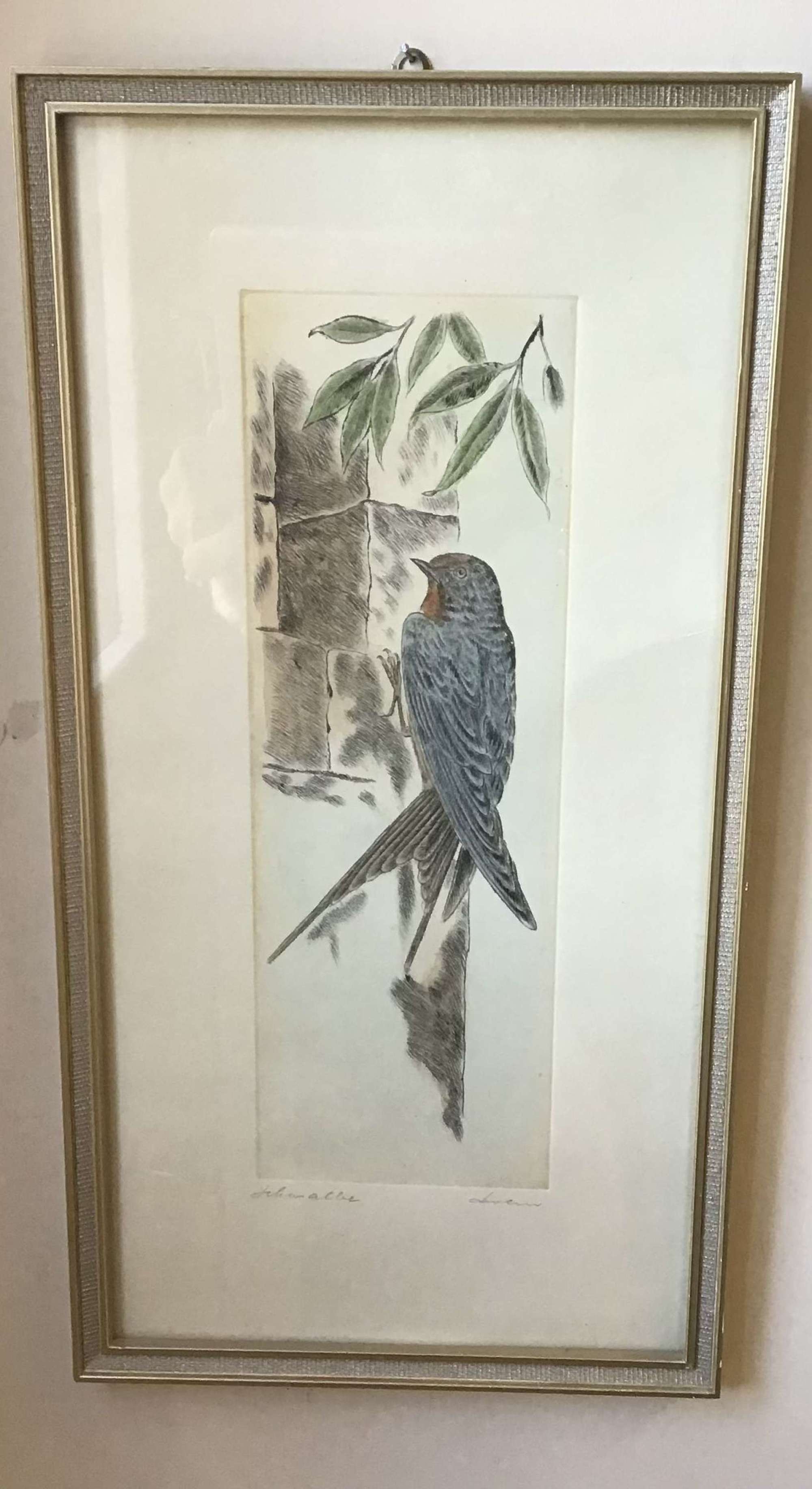 Vintage original watercolour of bird in original vintage frame
