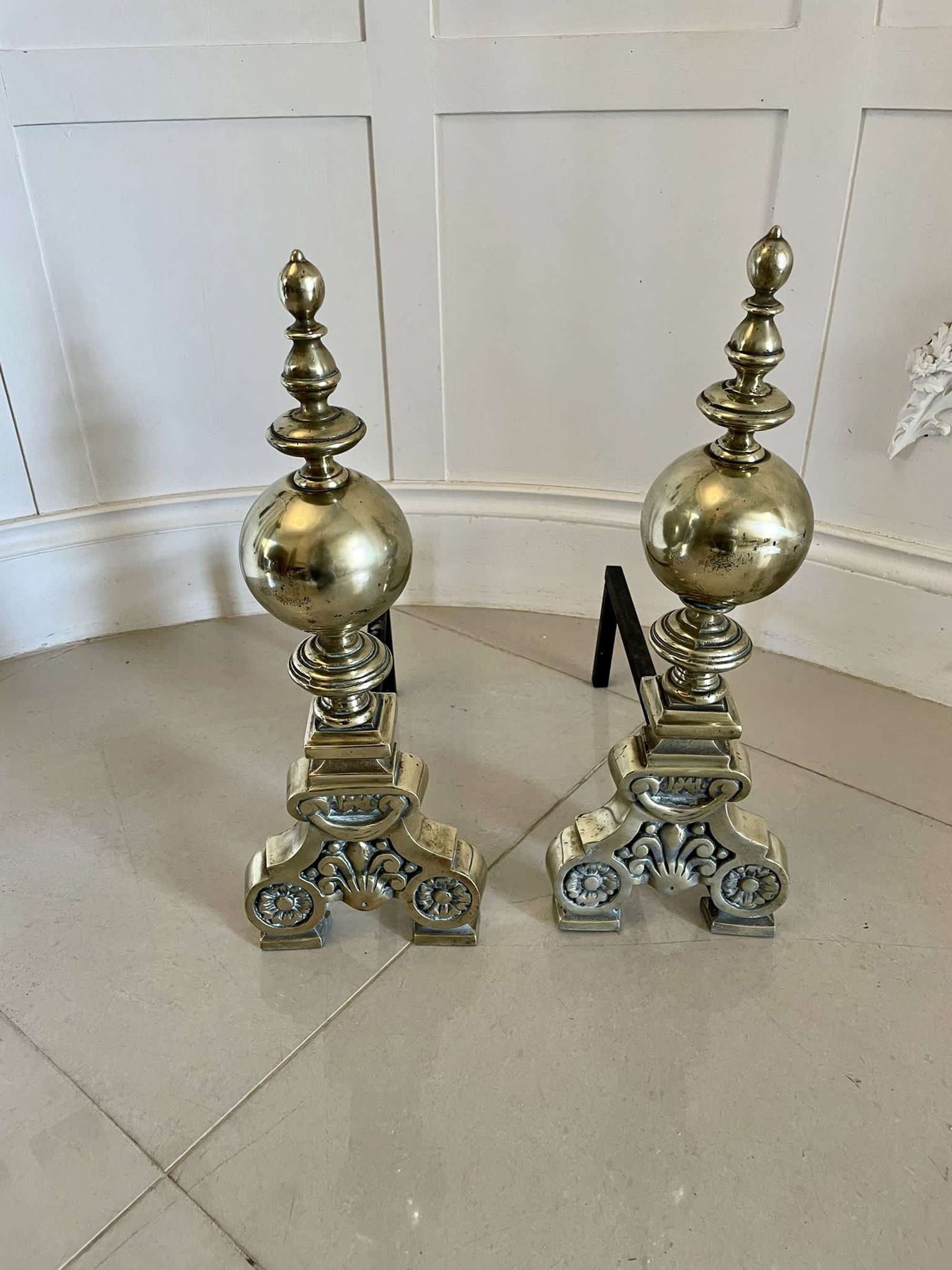 Superb Quality Ornate Antique Victorian Pair Of Brass Fire Dogs