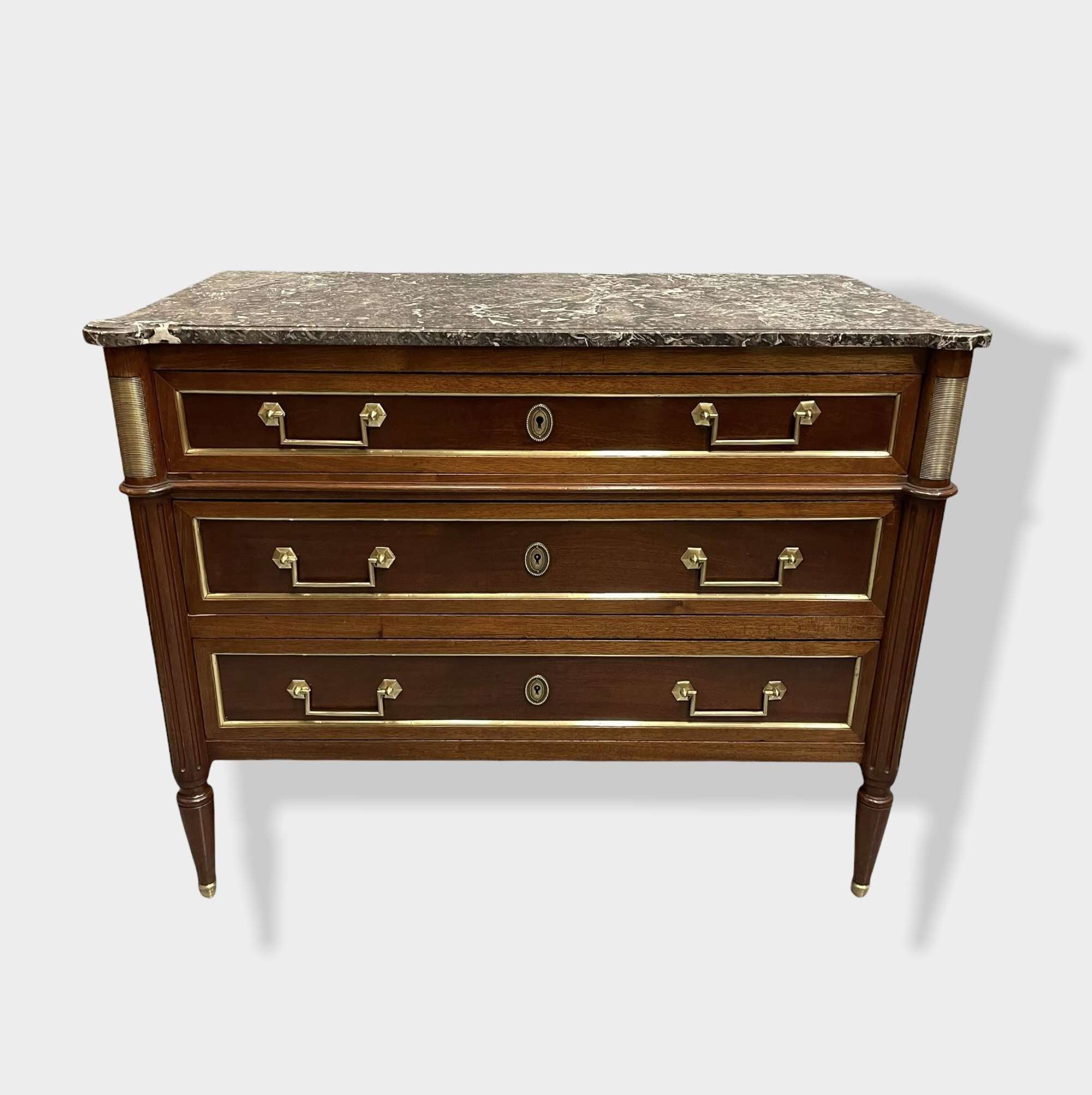 French Directoire Brass Inlaid Marble Top Antique Commode