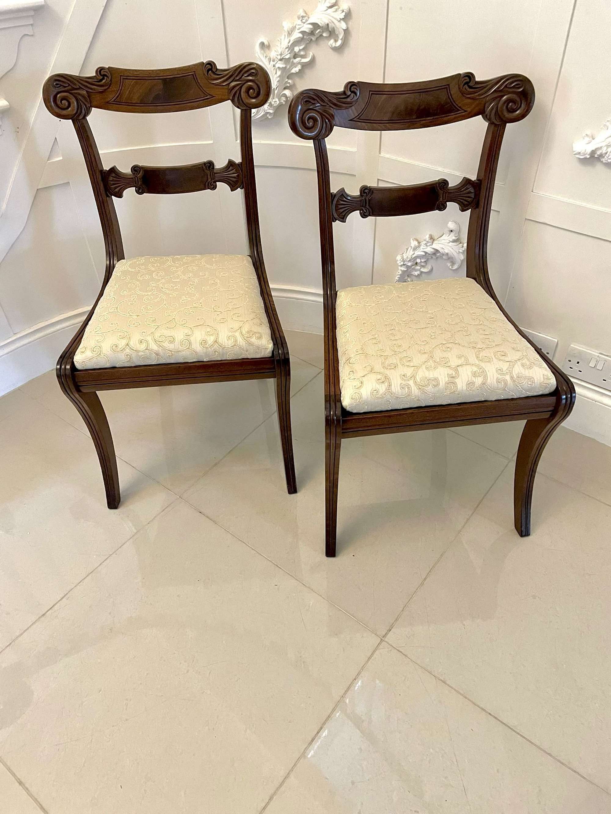 Pair Of Quality Antique Regency Carved Mahogany Side Chairs