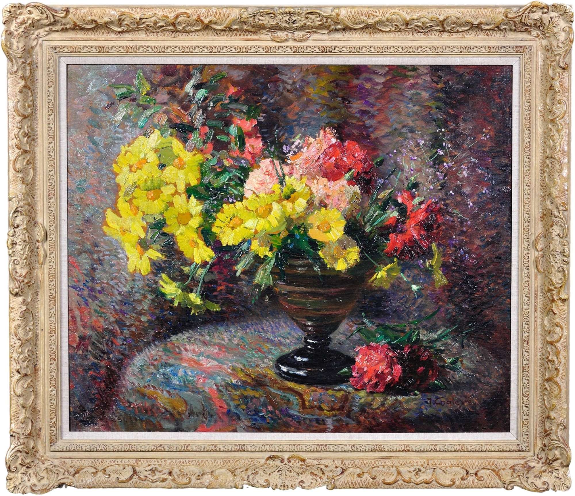 Jean Chaleye 1878-1960.Still Life Carnations & Marigolds.Oil On Board.