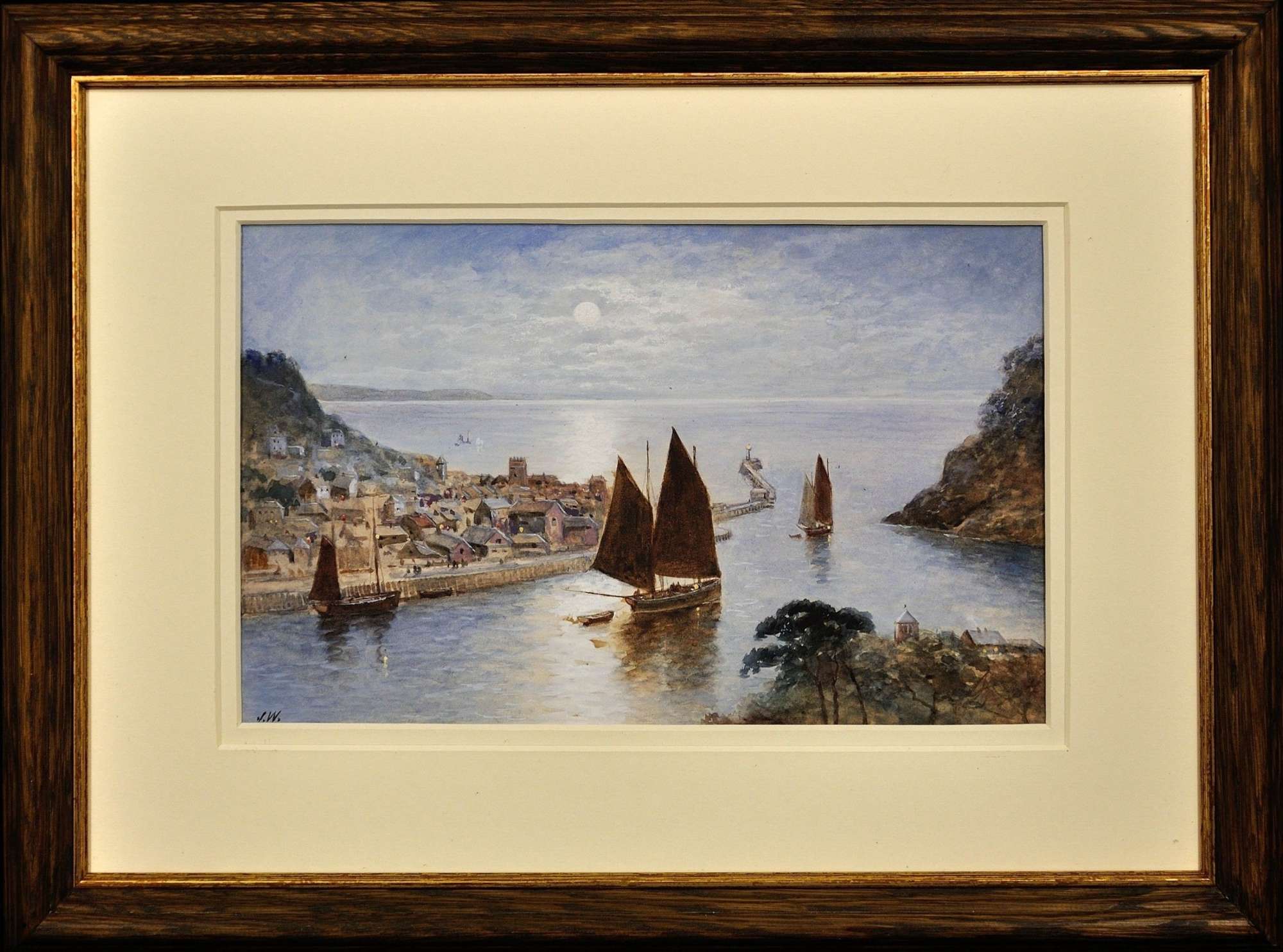 J. Wilson Fl.1837-1870. Looe Town & Harbour, Cornwall. Watercolour. Framed.
