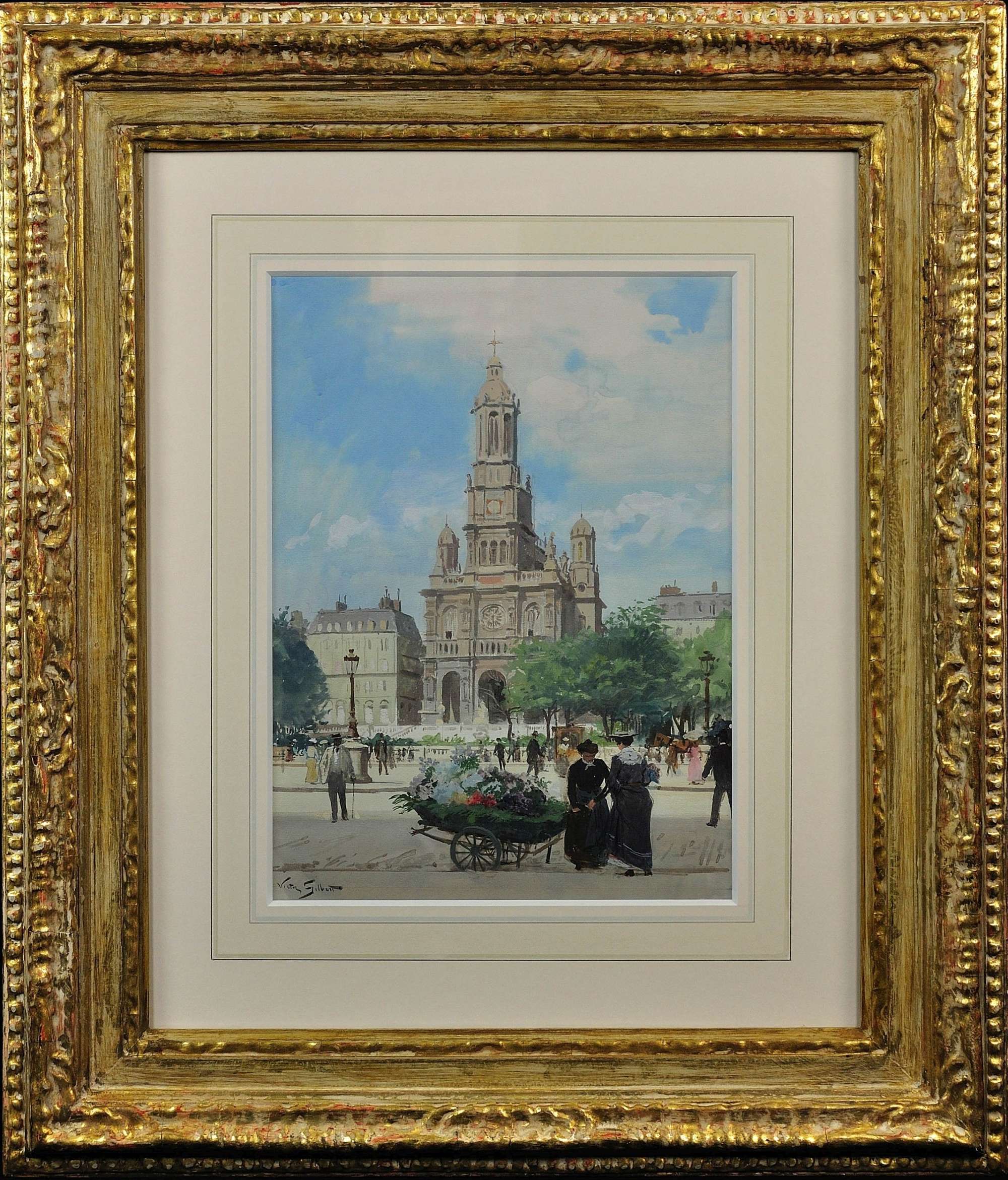 Victor Gabriel Gilbert 1847-1933. Place De La Trinite, Paris. Framed Gouache.
