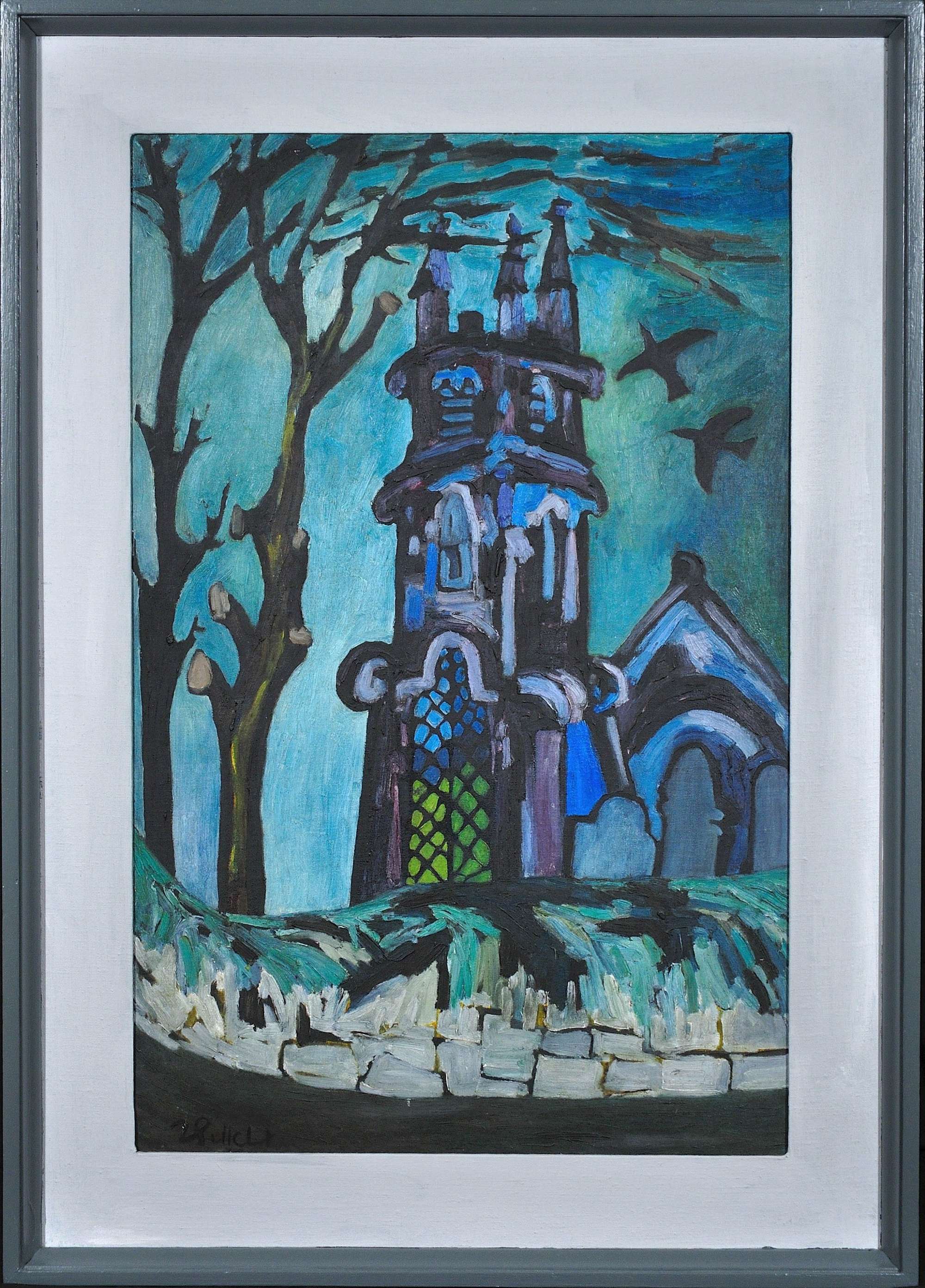 Joan Gillchrest 1918 - 2008. Church And Churchyard. 1968. Framed Oil On Board.