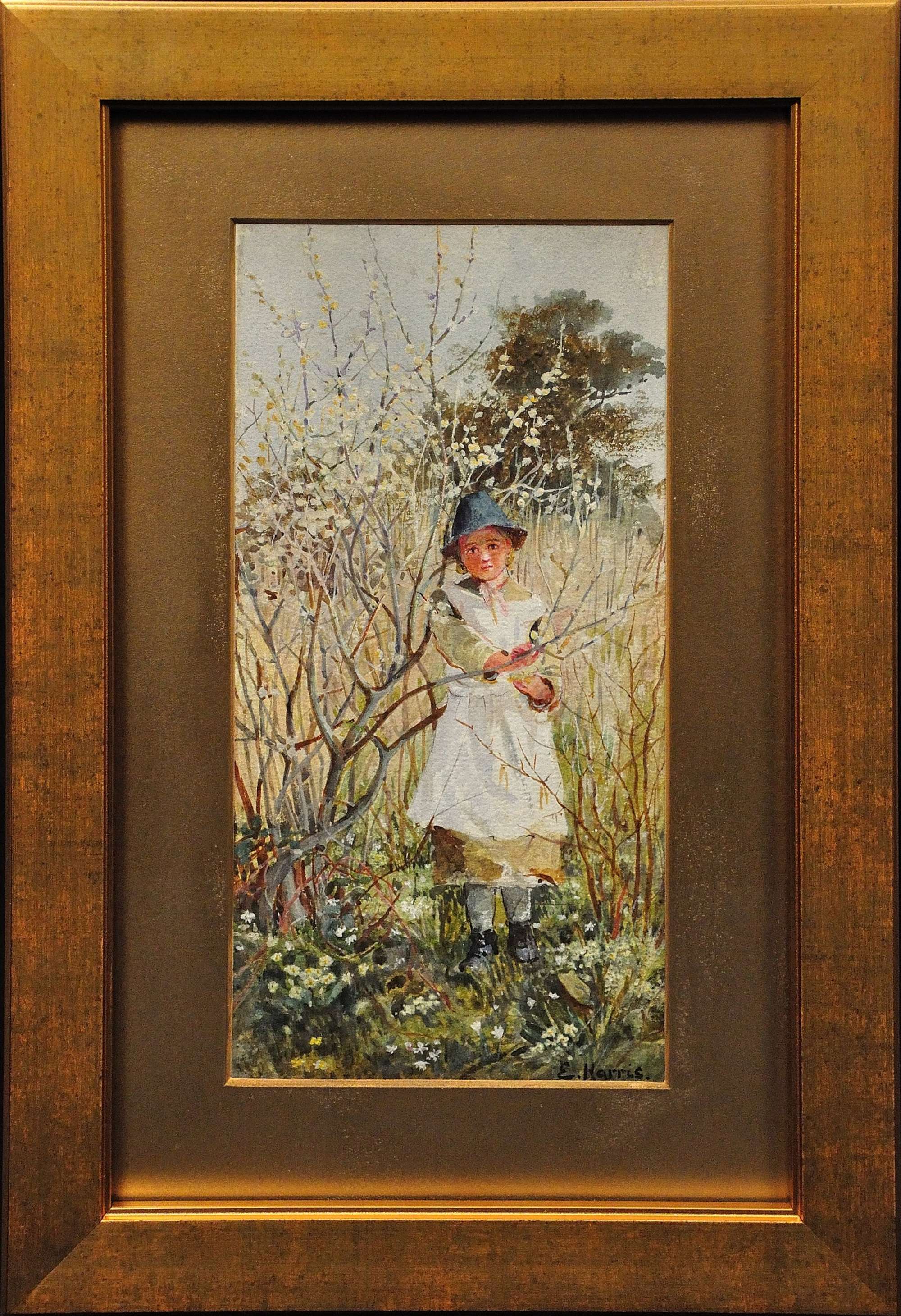 Edwin Harris 1855 - 1906. Child Picking Spring Blossom. Watercolour. Framed.
