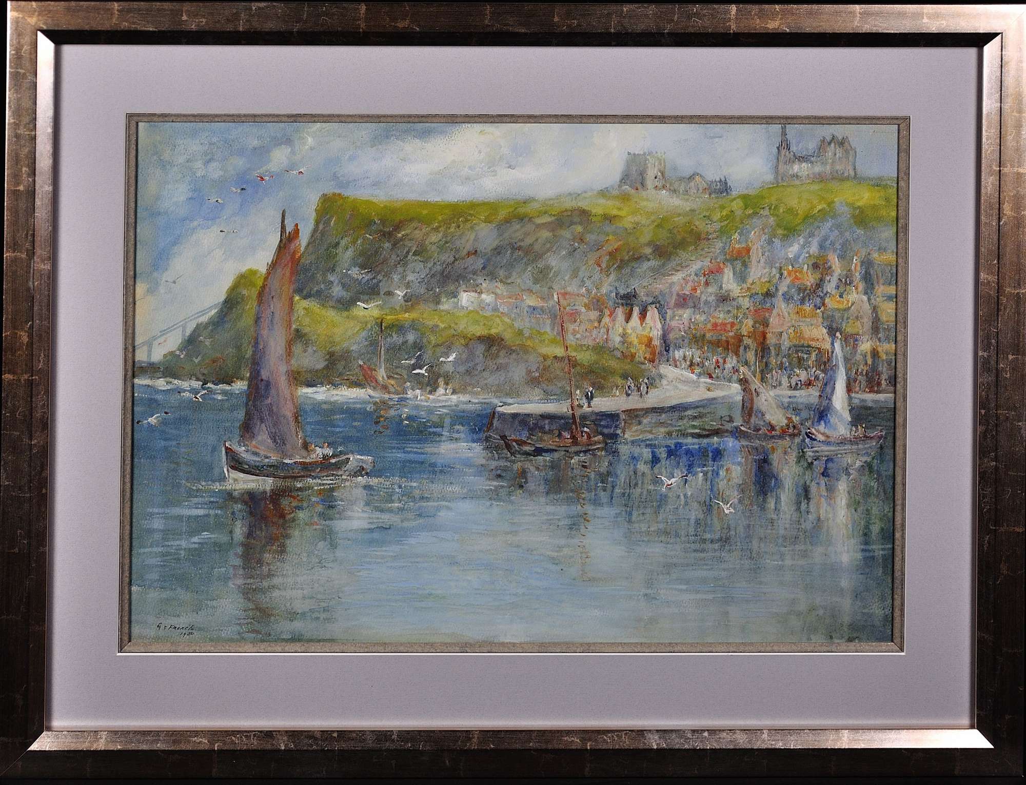 George Scarth French 1859-1946. Tate Hill Pier, Whitby,1930. Framed Watercolour.