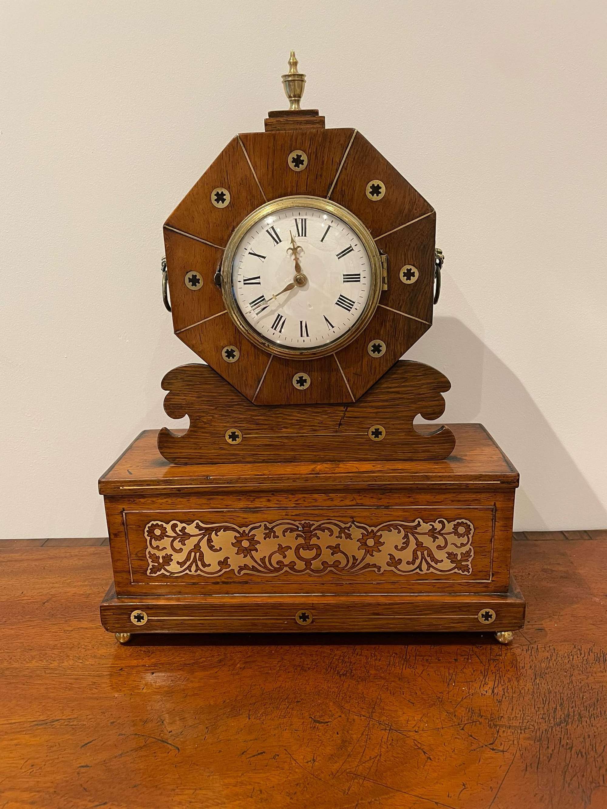 Antique Regency Quality Rosewood Brass Inlaid Mantle Clock
