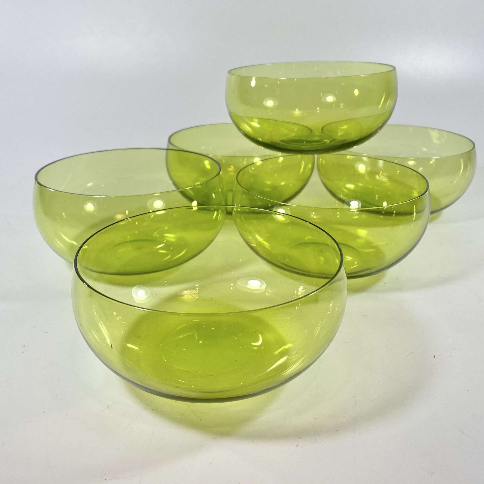 Six Chartreuse hand blown glass finger bowls