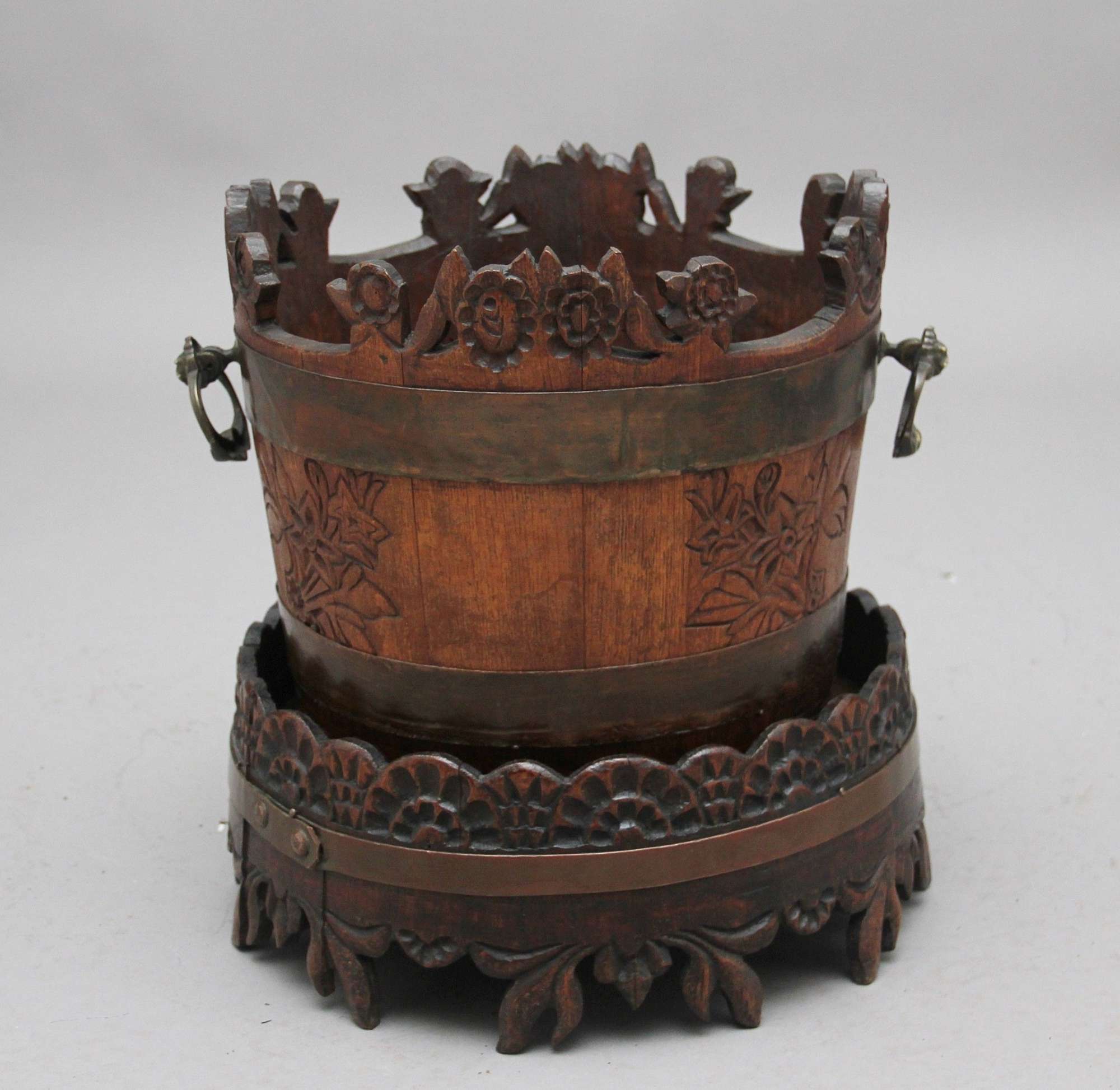 19th Century Carved Oak Bucket And Stand