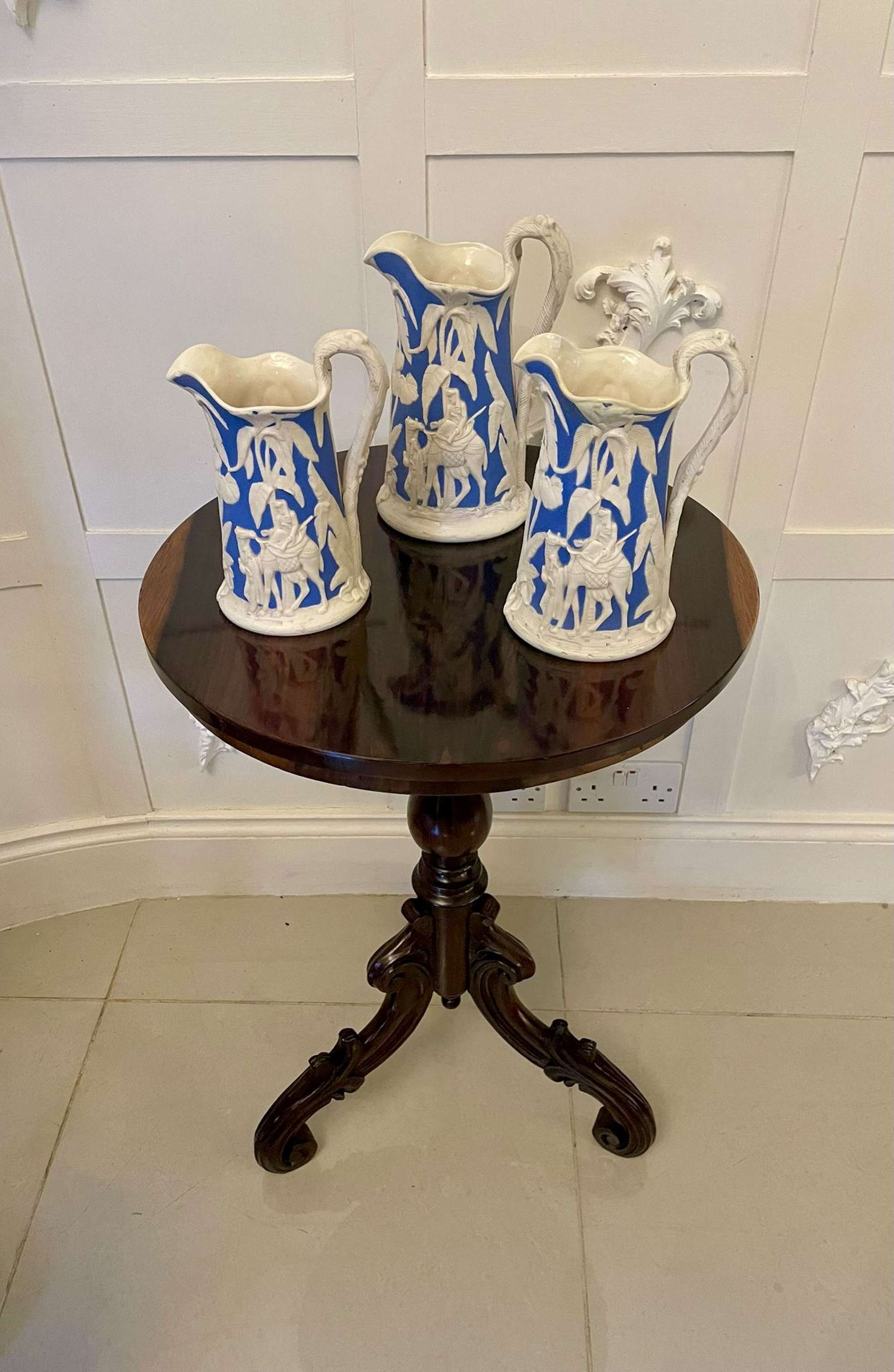 Set Of Three Antique Victorian Blue And White Jugs By Samuel Alcock