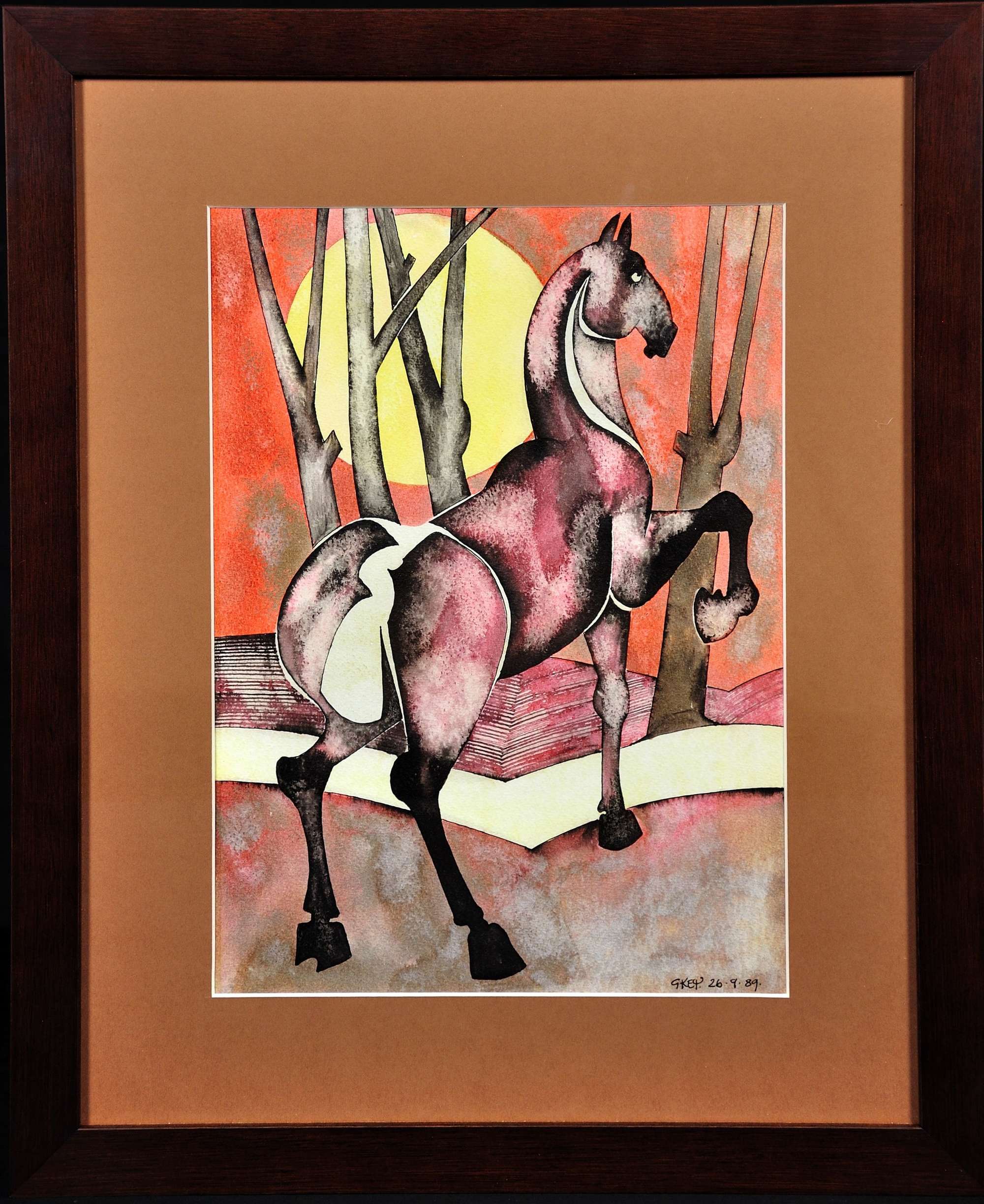 Geoffrey Key B.1941. Horse With Rising Sun, 1989. Framed Watercolour.