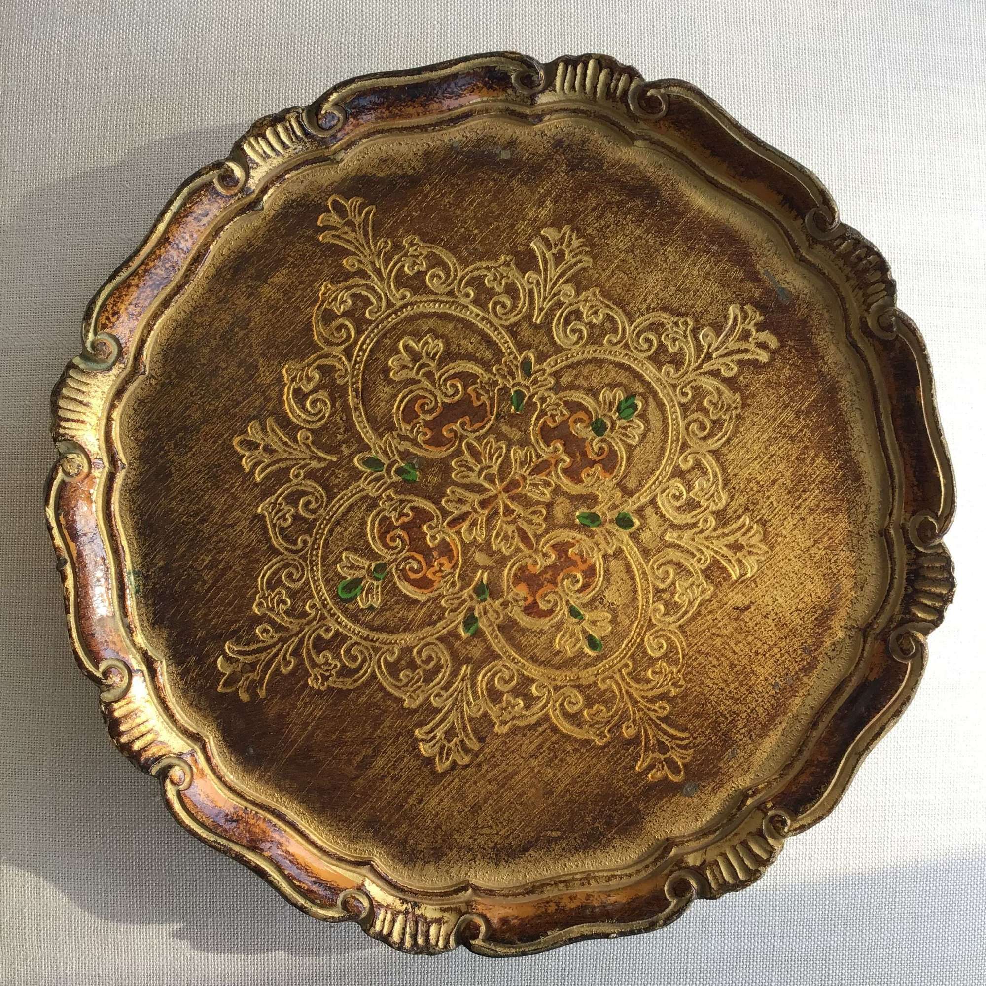 Vintage round wooden golden Florentine tray