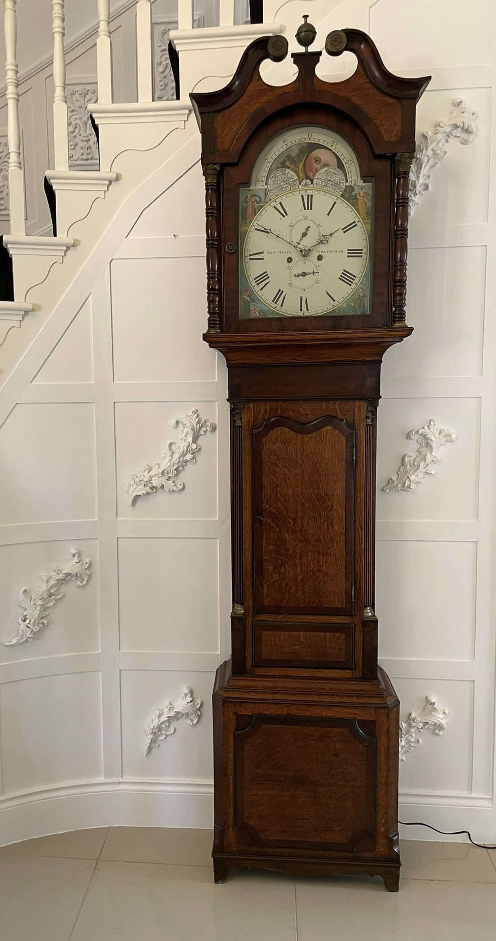 Antique Oak And Mahogany Longcase Clock With 8 Day Moon Phase Movement