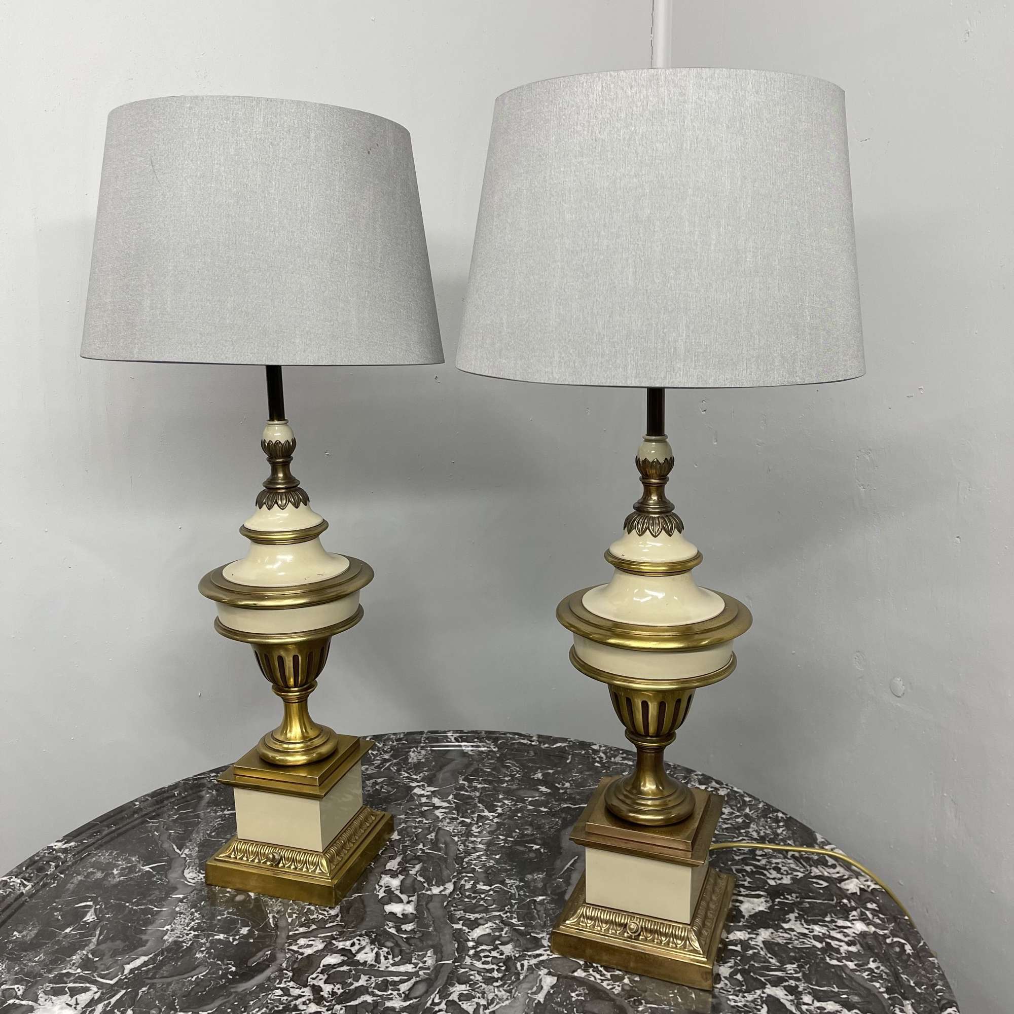Pair Of Enamelled Paint And Brass Lamps