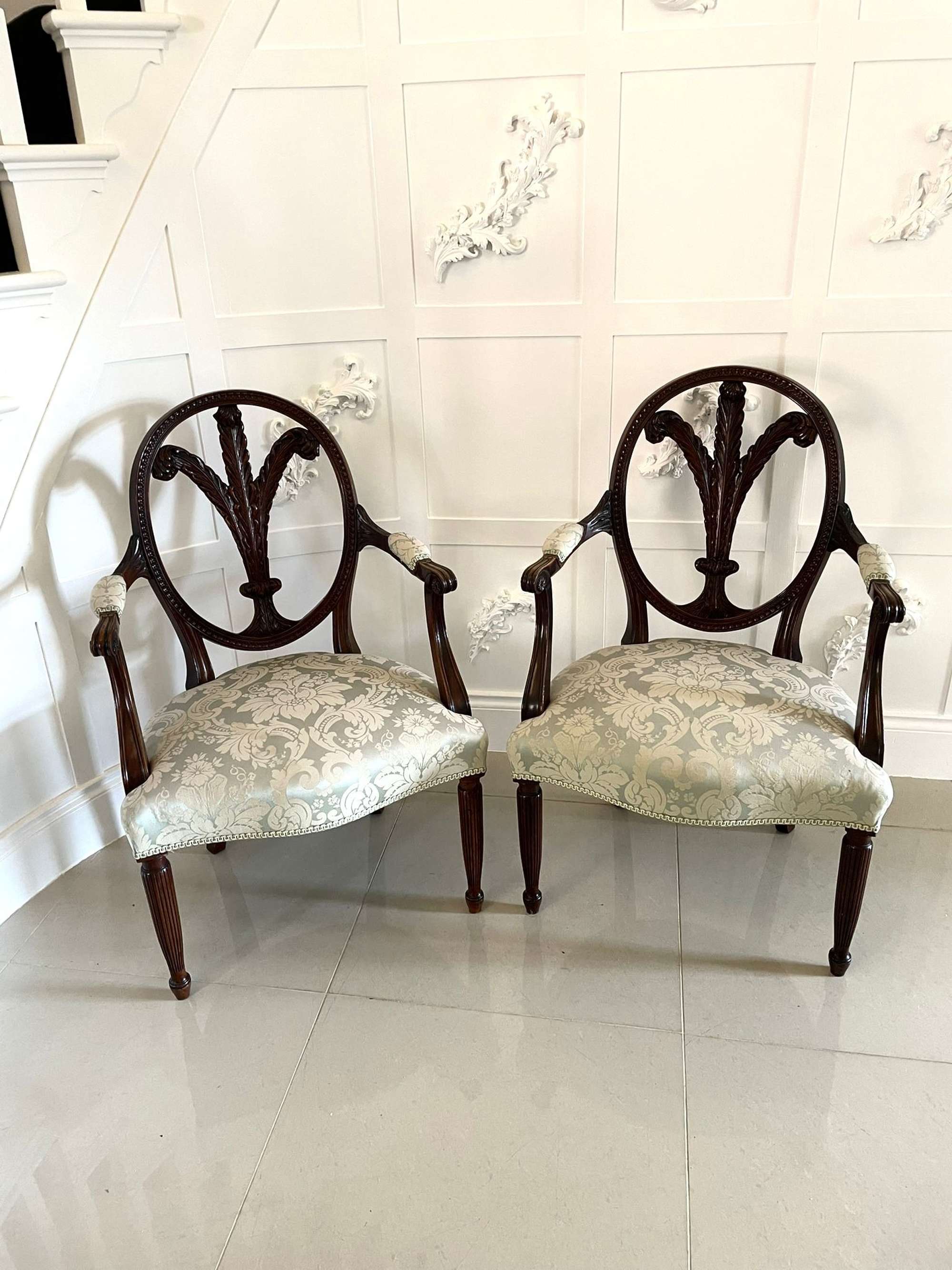 Fine Quality Pair Of Antique Carved Mahogany Armchairs