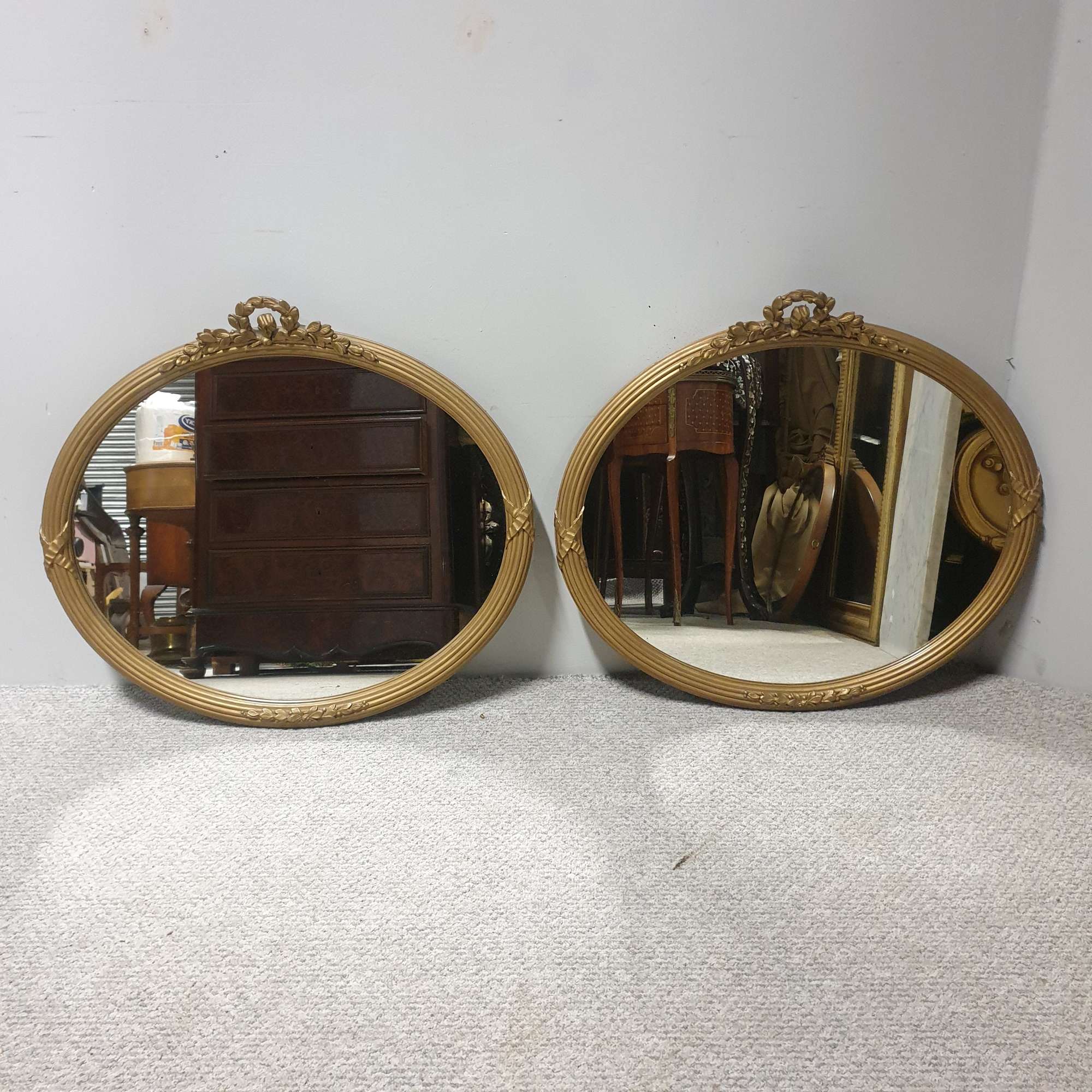 Pair Victorian Oval Gilt Antique Mirrors