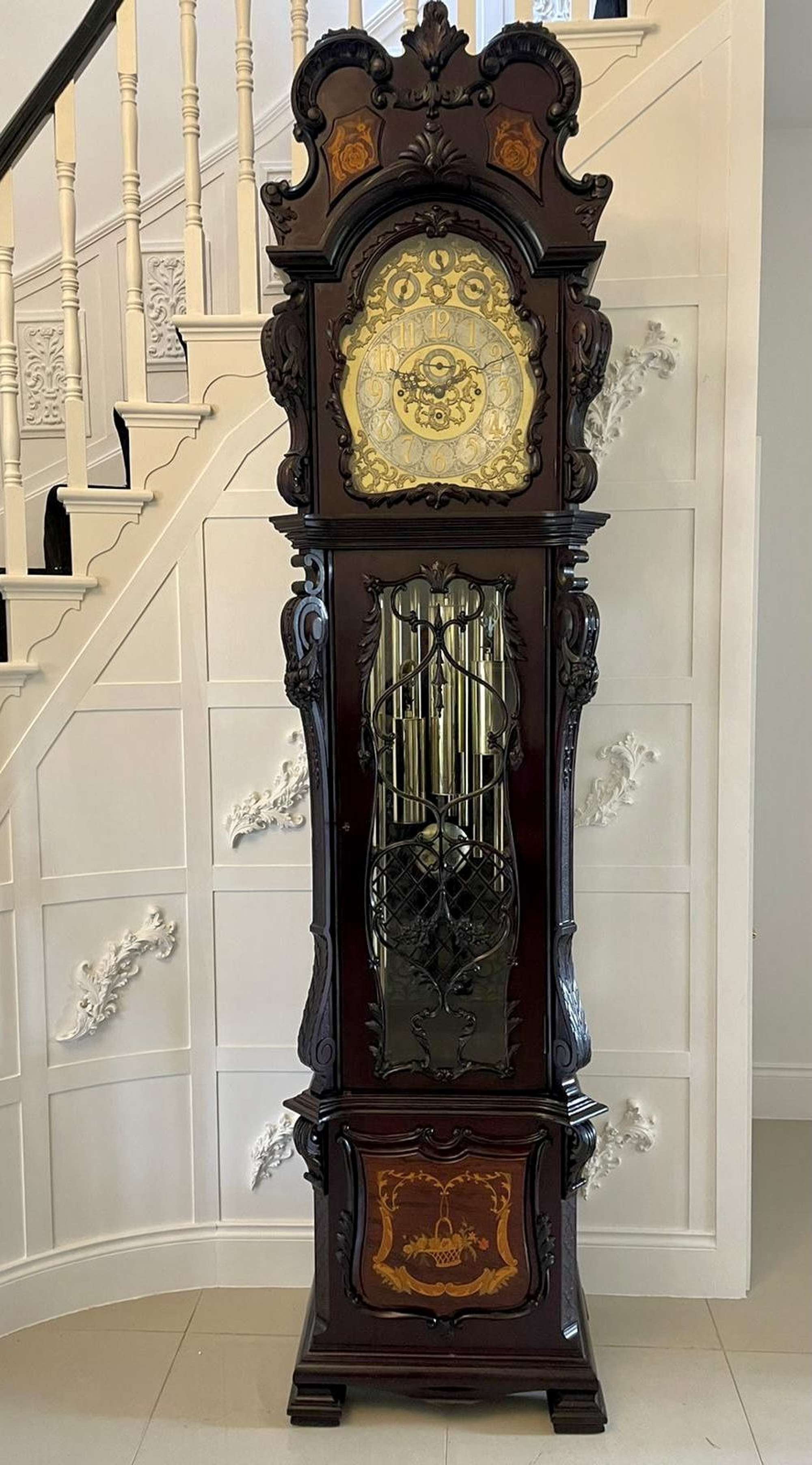 Quality Carved Mahogany And Marquetry Tubular Chiming Antique Longcase Clock