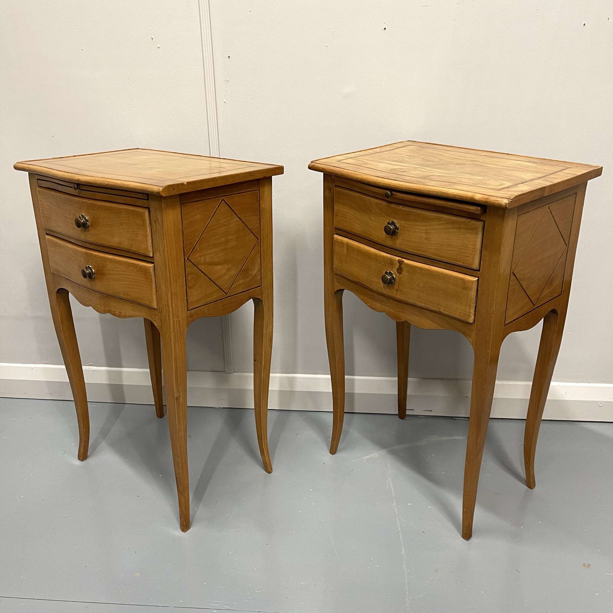 Pair Of French Ash Inlaid Bedside Tables With Candle Slides