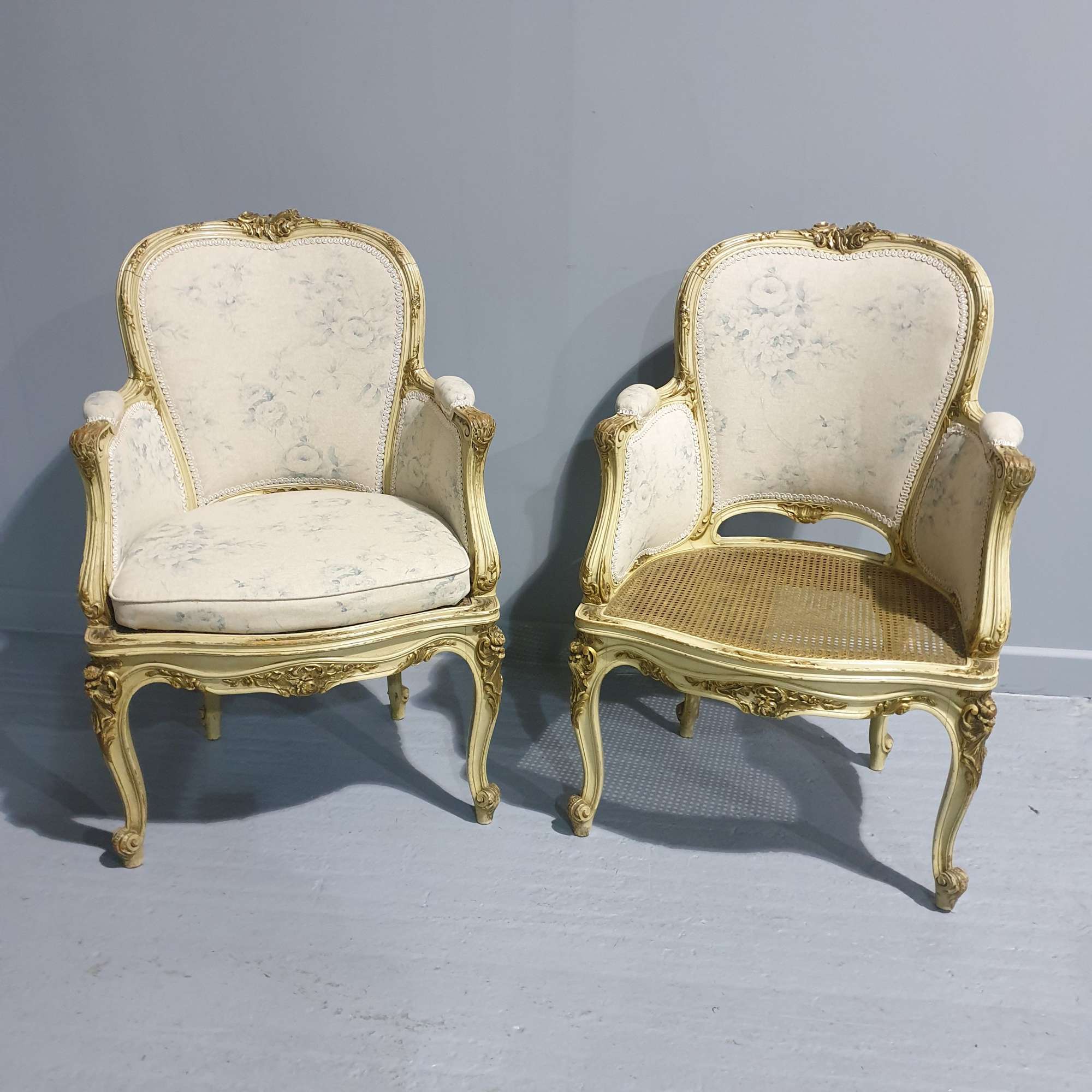 Superb Pair French Painted Bergere Armchairs