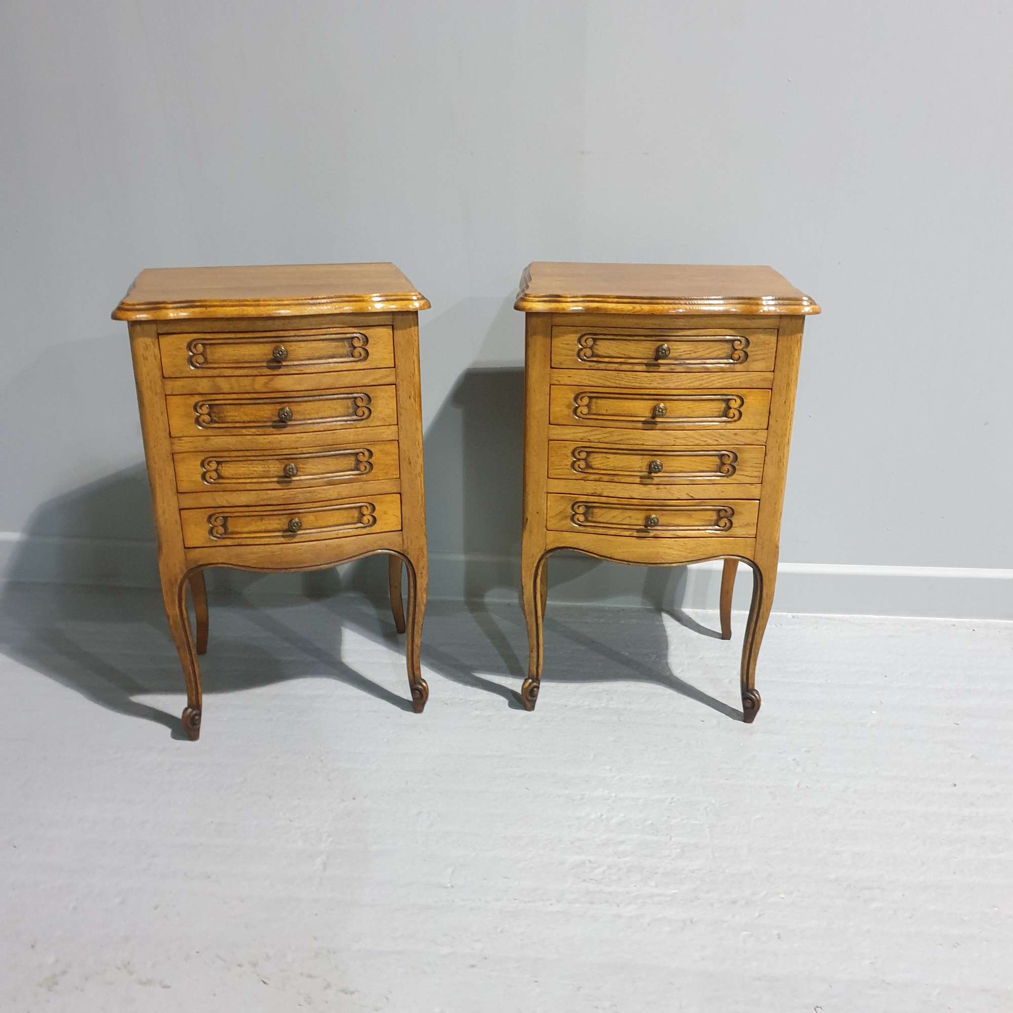 Pair French Oak Bedside Lamp Chests Of Drawers