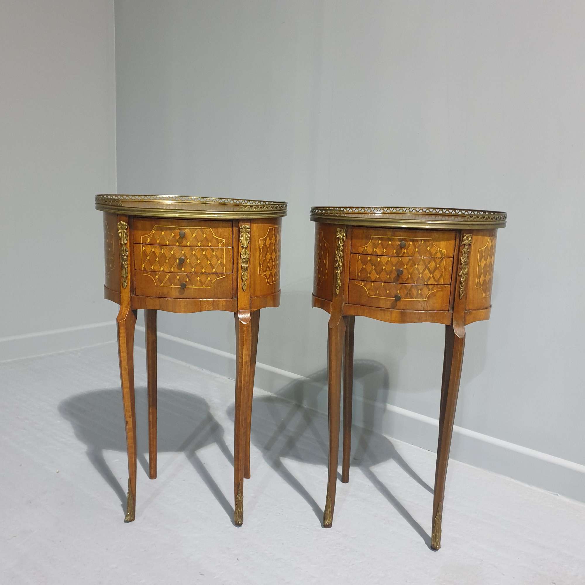 Pair French Oval Parquetry Bedside Lamp Tables