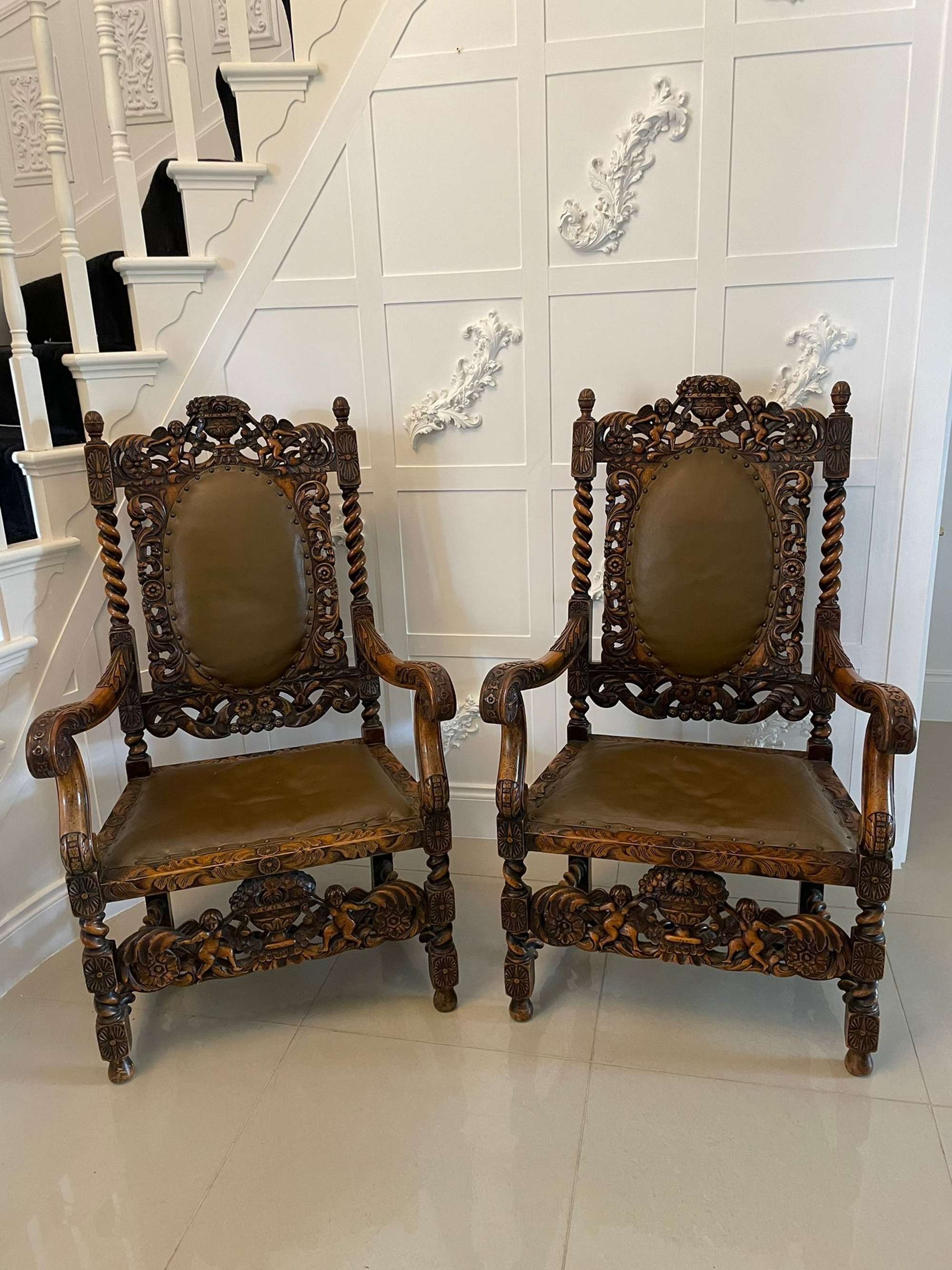 Outstanding Large Pair Of Antique Carved Walnut And Leather Armchairs