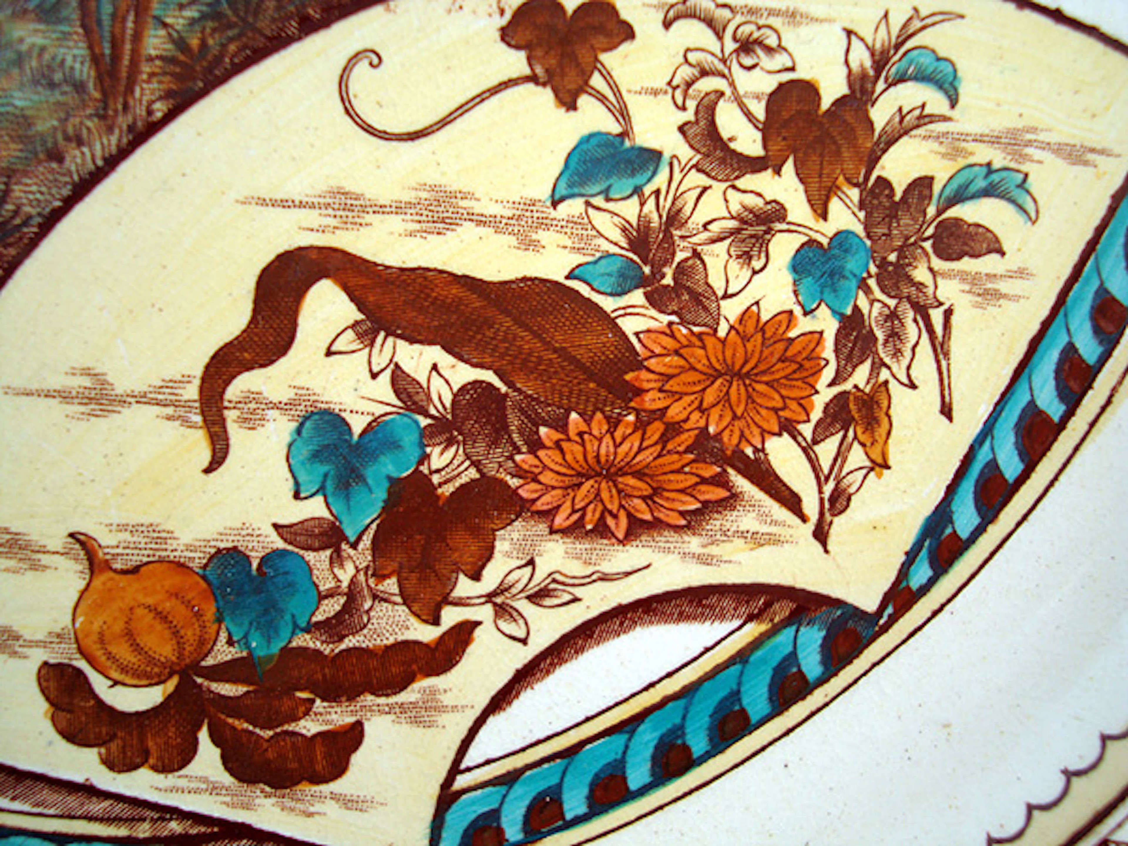 Birds & Flora ca 1880 Large Aesthetic Brown Transferware Plate 