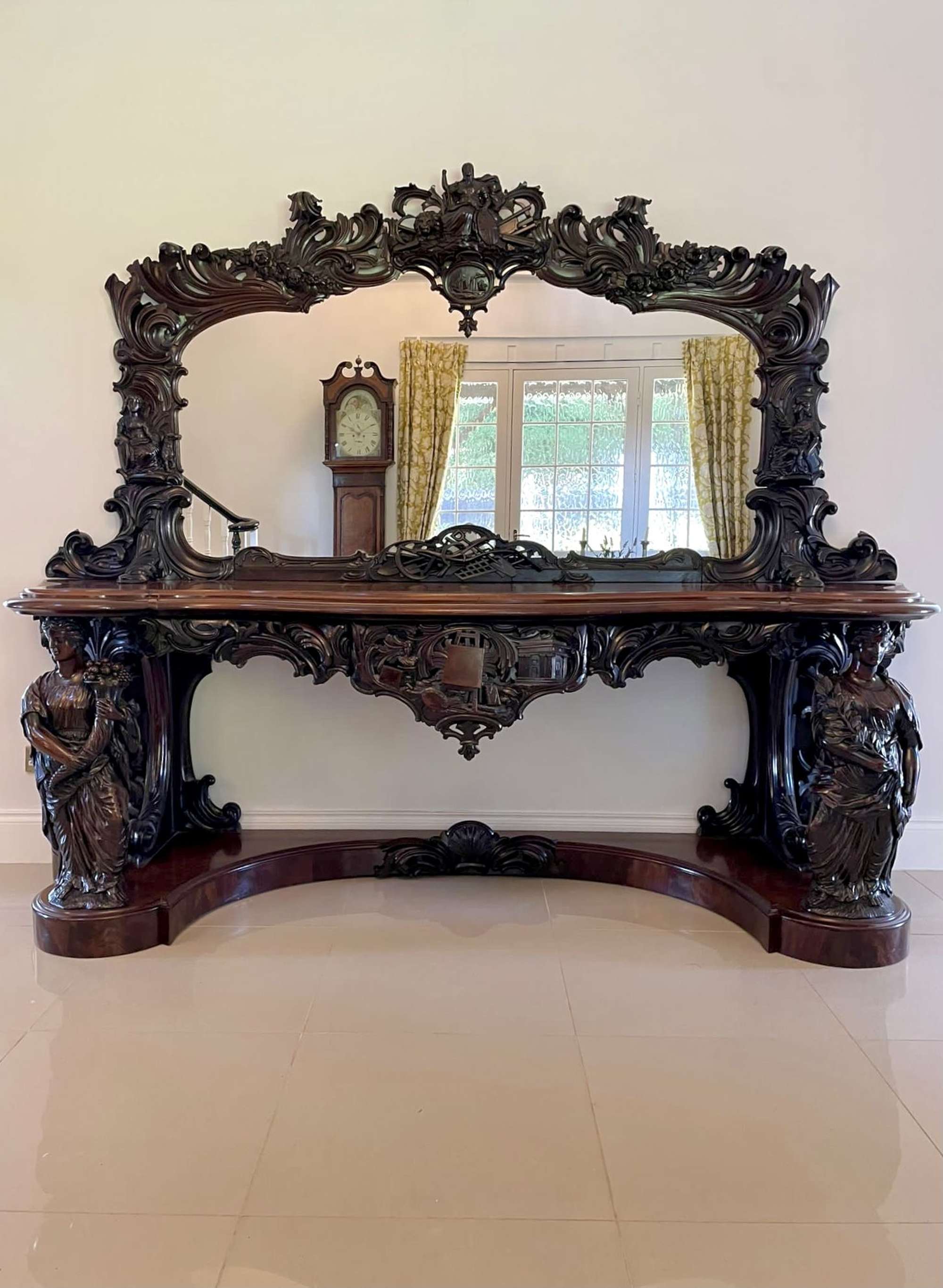 Extremely Large Exhibition Antique Mahogany Mirror Back Console Table